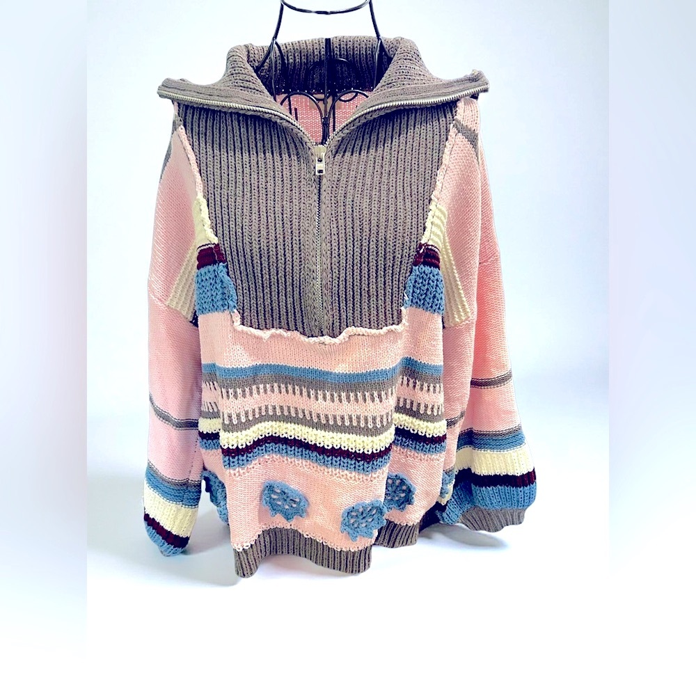 Pink chenille 1/4 zip Pullover Sweater Flower Long Sleeve size S. NWOT